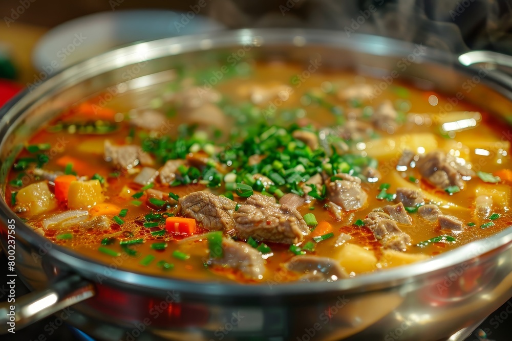 Hearty winter hot pot stew with meat and veggies in rich gravy for a cold day meal Hearty winter hot pot stew with meat and veggies in rich gravy for a cold day meal