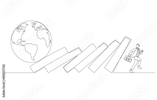 Continuous one line drawing of businessman running away from falling dominoes from earth attack, loss of business due to global recession concept, single line art.