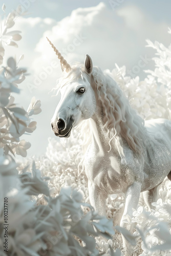 white glitter unicorn in magical sparkly white and silver crystal landscape  dreamy white color sky  detailed