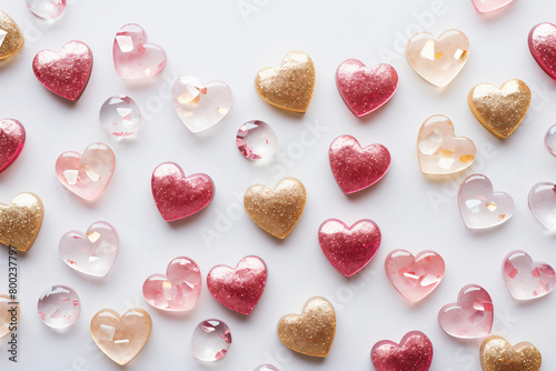 Little pink and gold hearts and gems scattered on a white background. Fun, heart-shaped decor elements at a wedding party. AI-generated