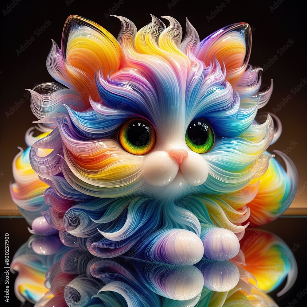 A stunning blown glass sculpture of a playful, fluffy kitten with seamlessly blended rainbow colors swirling through its fur