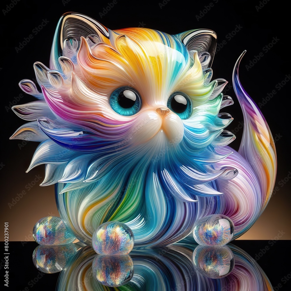 Naklejka premium A stunning blown glass sculpture of a playful, fluffy kitten with seamlessly blended rainbow colors swirling through its fur