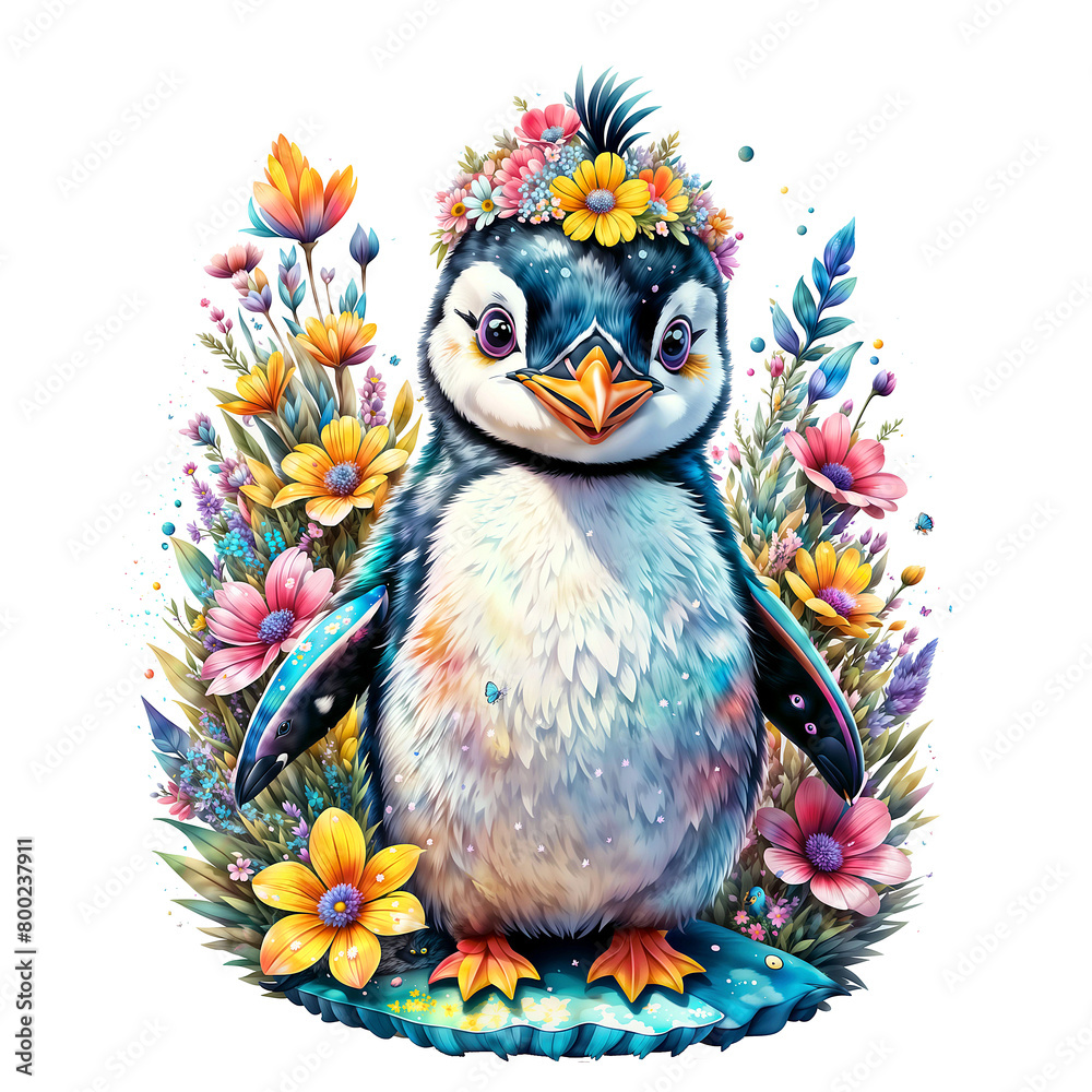Naklejka premium Penguin Sticker Colorful Penguin Bliss A Bouquet of Joy Surrounds the Cartoon Penguin Sticker on Transparent Background, Adorned with Vibrant Flowers and Rainbow Butterflies - Generative AI 