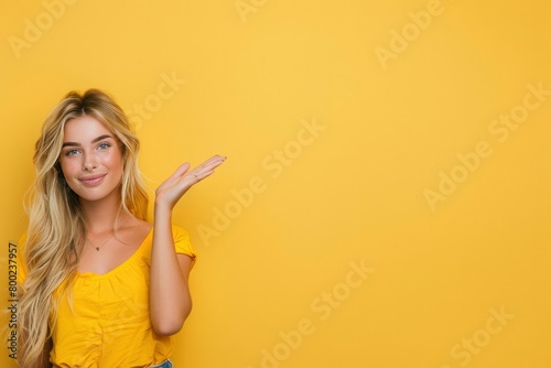 A blonde woman holding her hand out to the side, showing something on yellow background. photo