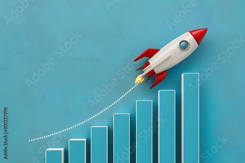 Rocket symbolizing growth, trajectory showing progress over bar chart representing financial success on blue background