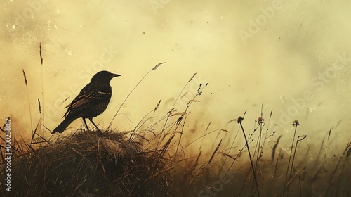 A solitary bird perched atop a withered tuft of grass