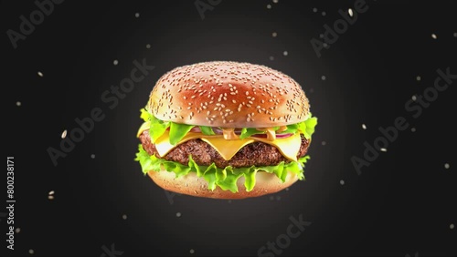 Burger rotating beef, bun, vegetables slow motion, depth of field (ID: 800238171)