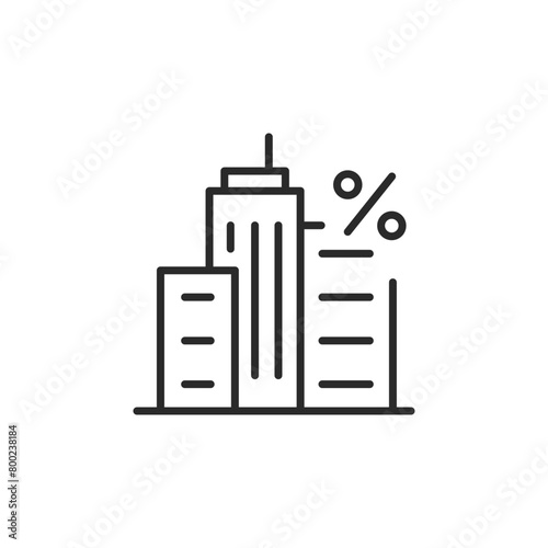 Financial District icon. A sleek illustration of skyscrapers with a percentage sign, symbolizing economic centers, corporate finance. Ideal for reports on financial trends. Vector illustration