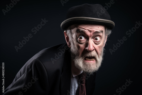 A portrait of an angry old man wearing a hat in a suit, isolated on black. An actor playing a role of an insane elderly person. AI-generated