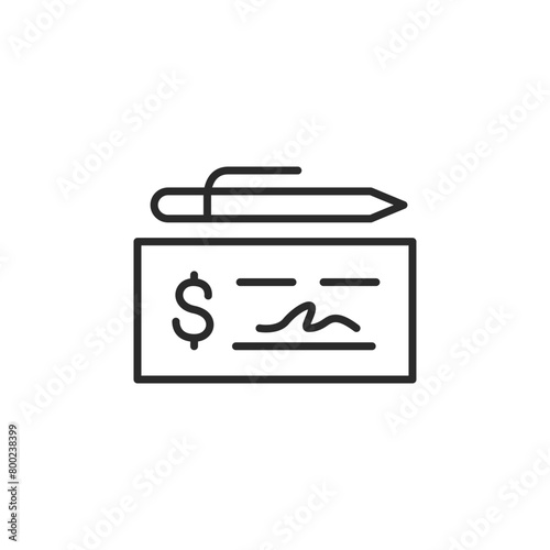 Bank Check icon. A graphic representation of a personal check, denoting financial transactions, banking activities, payment methods. Suitable for use in banking services. Vector illustration