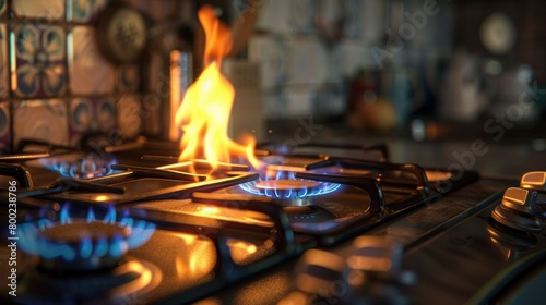Closeup gas stove with burning flame. Generated AI image