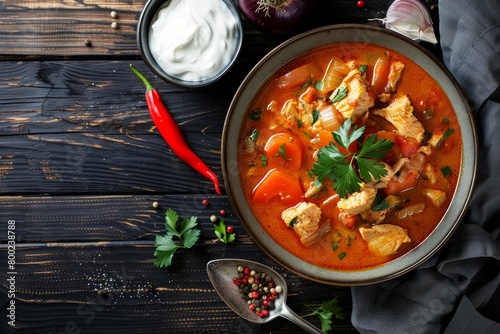 Hungarian turkey paprikash with vegetables and sour cream on wooden background Top view copy space photo