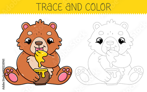 Trace and color coloring book with bear and honey for kids. Coloring page with cartoon bear eating honey. Vector illustration.