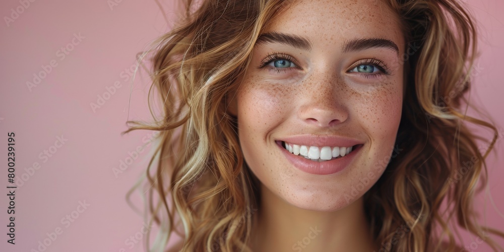 A young, pretty woman with a radiant smile showcases flawless skin, emphasizing skincare's importance A young, pretty woman with a radiant smile showcases flawless skin, emphasizing skincare's importance