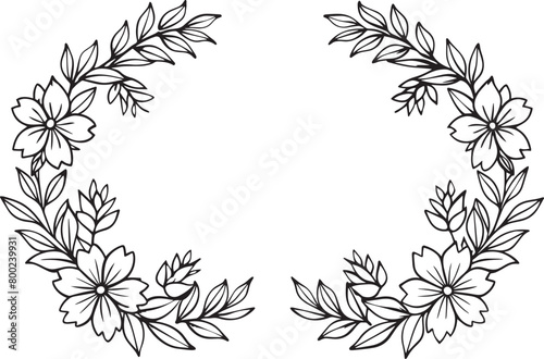 Illustration of floral frame design with black and white flowers silhouettes