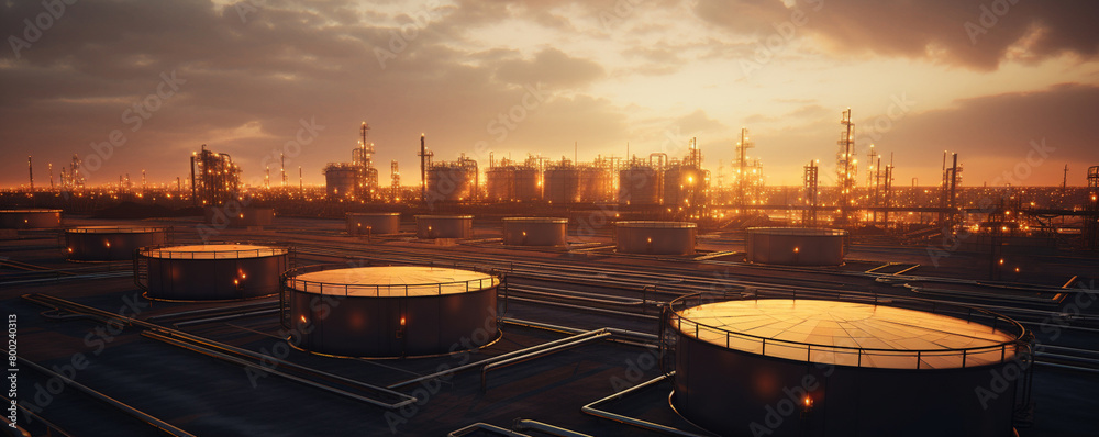 Naklejka premium Oil production plant station under morning sun near the city