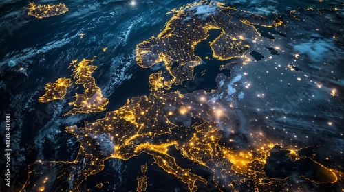 Satellite view of Europe at night showing city lights highlighting the denseness of population and the spread of urban areas across the continent. photo