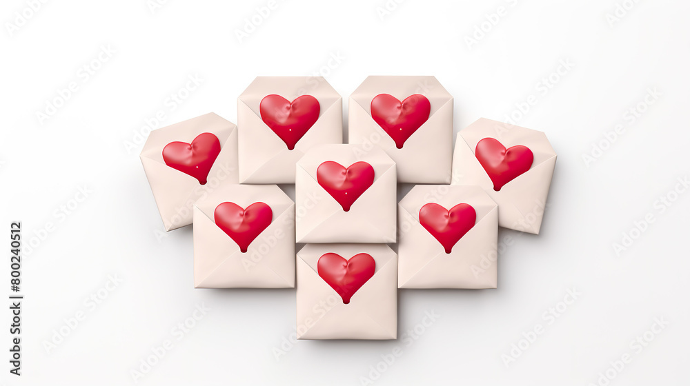 Valentine's Day envelopes with hearts isolated on a crisp white background