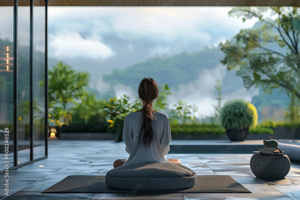 A woman is meditating on a yoga mat in a beautiful outdoor setting. A woman is meditating on a yoga mat in a beautiful outdoor setting.
