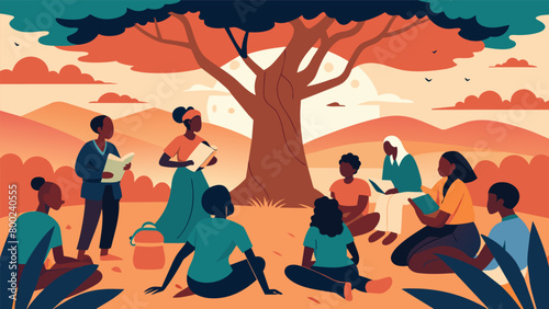 As the sun beat down people sought refuge under the shade of a large tree sharing stories of their ancestors and the struggles they faced.. Vector illustration