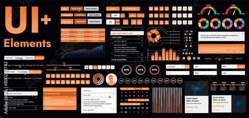 A set of modern orange web interface elements designed for the development and design of websites and mobile applications. Includes buttons, icons, navigation elements, slyder, forms.