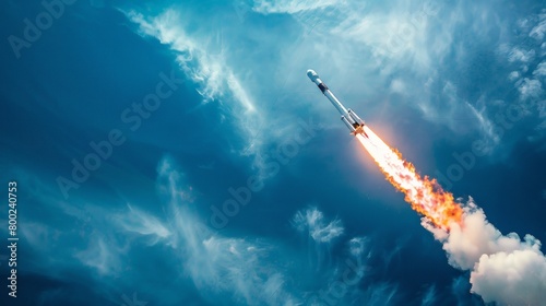 A rocket ascends into the sky with a fiery exhaust trail  piercing through scattered clouds against a bright blue background.