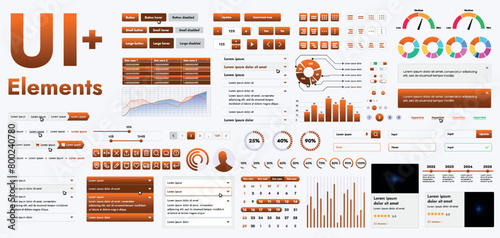 A set of modern orange web interface elements designed for the development and design of websites and mobile applications. Includes buttons, icons, navigation elements, slyder, forms.