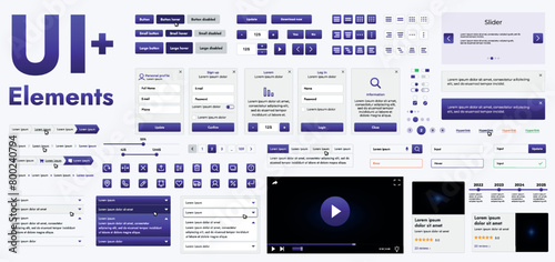 A set of modern violet web interface elements designed for the development and design of websites and mobile applications. Includes buttons, icons, navigation elements, slyder, forms.