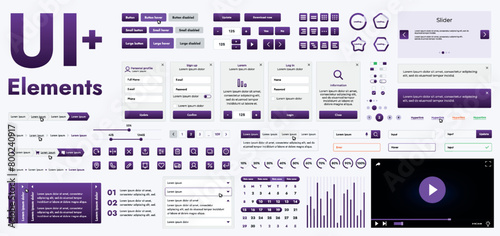 A set of modern purple web interface elements designed for the development and design of websites and mobile applications. Includes buttons, icons, navigation elements, slyder, forms.