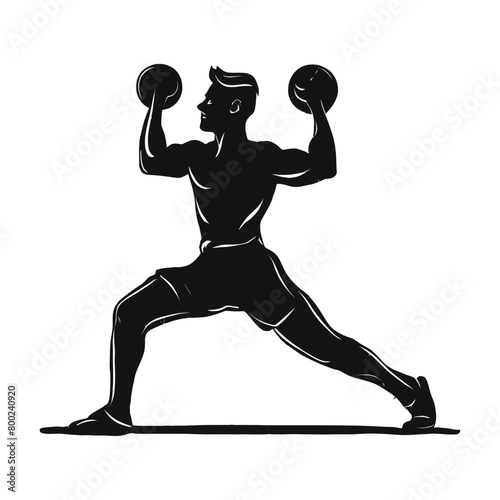 spot man working out by dumble up, gym equipment. Vector illustration in hand-drawn style