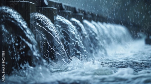 Dynamic and dramatic close-up of water gushing from the multiple spillways of a dam  capturing the energy and power of controlled water release.