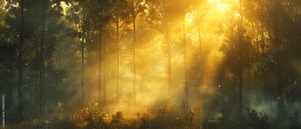 Misty mornings and golden sunlight filtering through the trees, casting a warm glow over the forest landscape