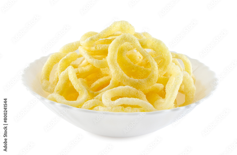 White bowl with onion ring chips isolated on a white background. White bowl with onion ring chips isolated on a white background.
