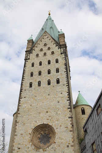 View of the tower of the cathedral in Paderborn, North Rhine-Westphalia, Germany,