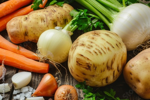 Ingredients for celeriac soup include celery root carrots onion and potatoes emphasizing a healthy diet photo