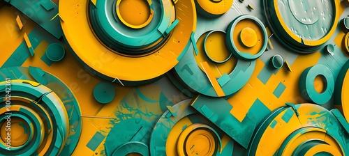 An artistic representation in HD of circular forms and intersecting lines, in a striking combination of yellow and teal, intended to impart a lively and energetic feel photo