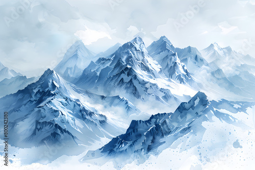 Light watercolor of high mountains. Serene and peaceful landscape with snowy peaks and a blue sky. Ideal for travel and outdoor recreation themes. © ELmidoi-AI