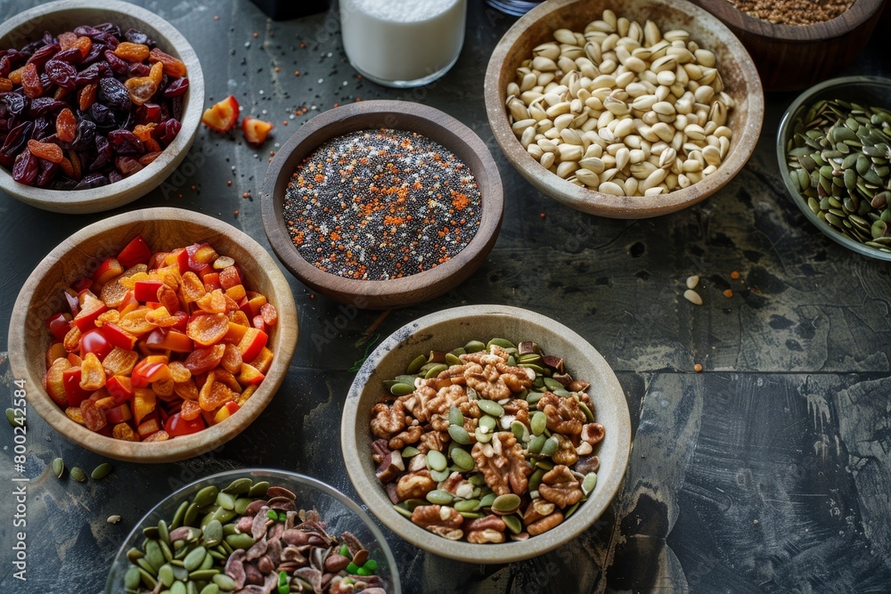 Ingredients like seeds nuts and dried fruits are added to circular bowls for salad
