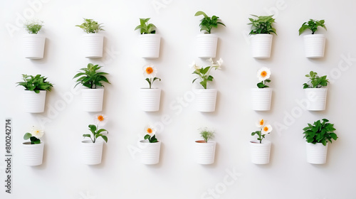 Potted flowers adorning a white wall, isolated against a stark white background photo