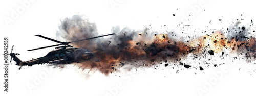 Combat helicopter explosion in the air from a missile hit isolated on the transparent background