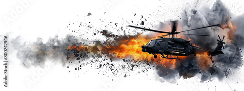 Combat helicopter explosion in the air from a missile hit isolated on the transparent background