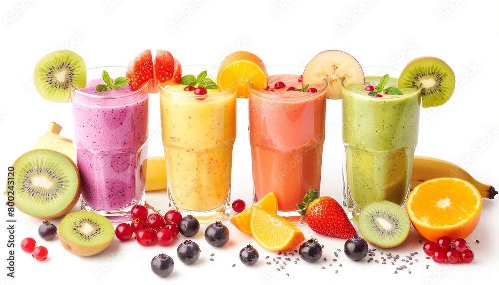 Isolated fruit smoothies on white background with black currant strawberry kiwi orange and banana Isolated fruit smoothies on white background with black currant strawberry kiwi orange and banana