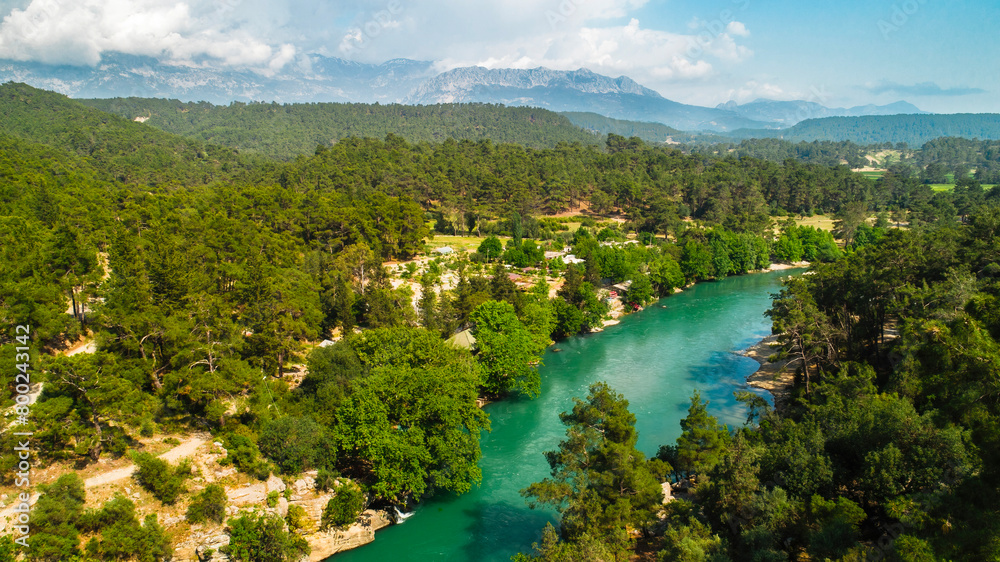 Magnificent nature view of aerial flowing water of Koprulu Canyon in Turkey. Manavgat, Antalya.