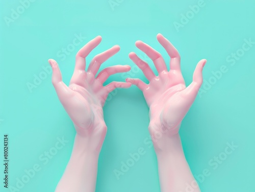 two pink hands on pastel blue background