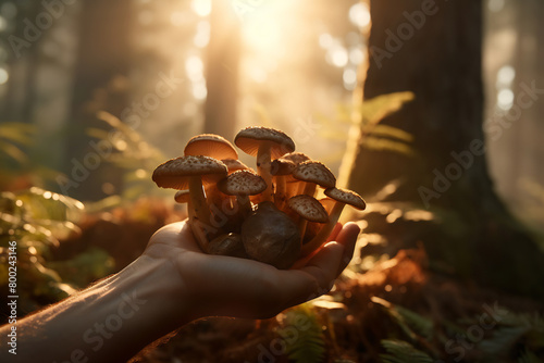 Hand holding group of mushrooms in forest