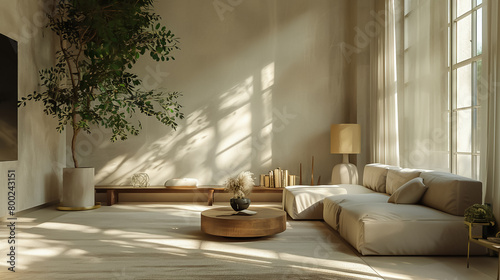 An empty room with a large plant in the corner, a sofa, a coffee table, and a large window. The room is bathed in sunlight. photo