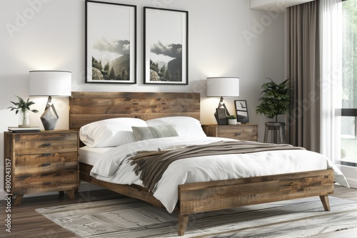 A white bedroom with a wooden bed and night stands, hanging two posters on the wall in a Scandinavian interior design style of modern home decor.