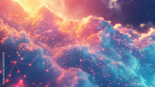 An ethereal landscape of glowing clouds and a starry sky.