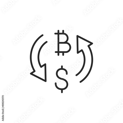 Currency Exchange icon. A sleek design of arrows encircling a Bitcoin and dollar sign, symbolizing the exchange between cryptocurrencies and fiat money. Vector illustration