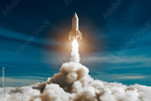 Rocket launches skyward through smoke, symbolizing progress and movement in dynamic and energetic scene